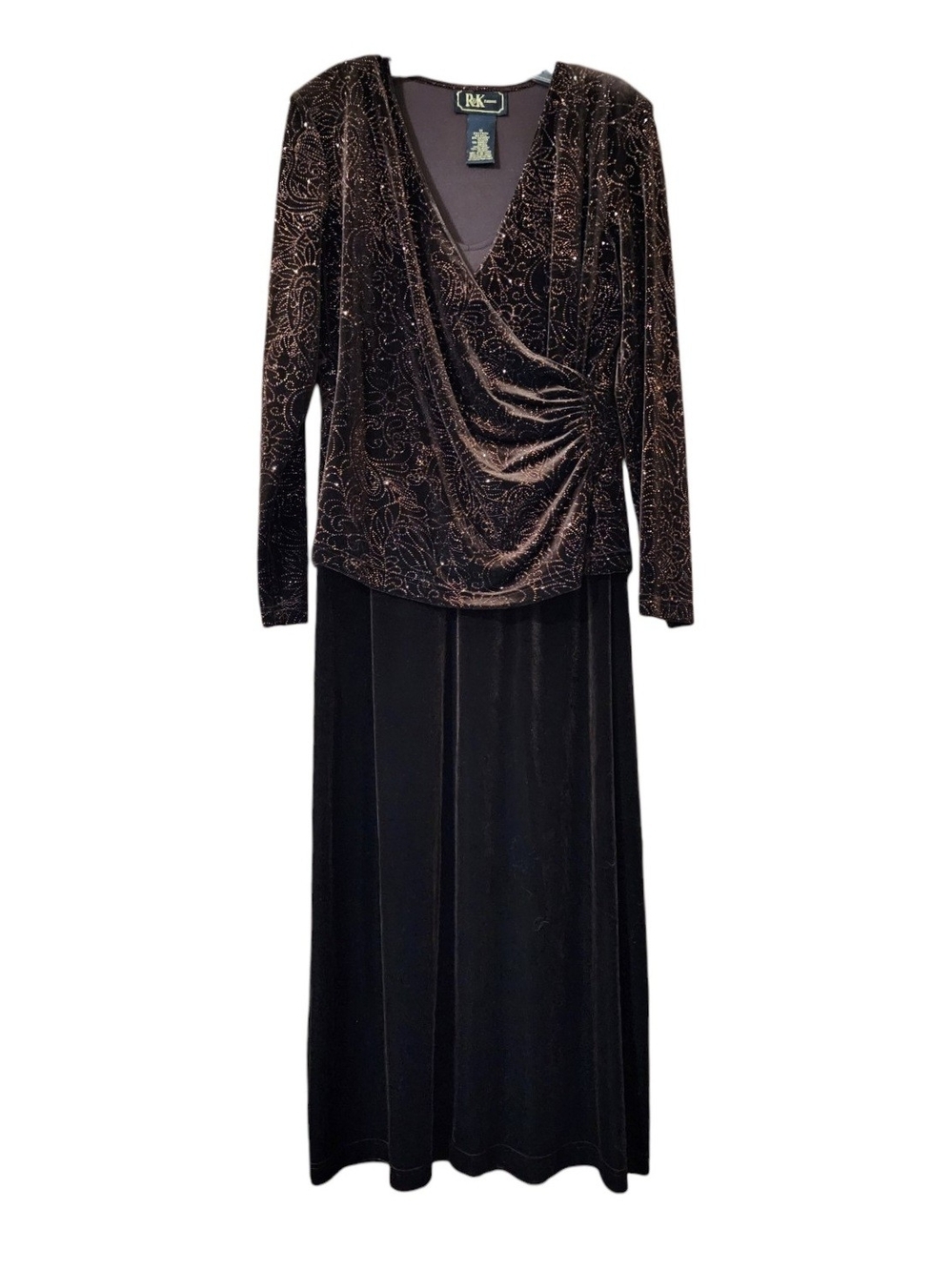 R&K Brown Velvet Maxi Dress with Metallic Embossed Top